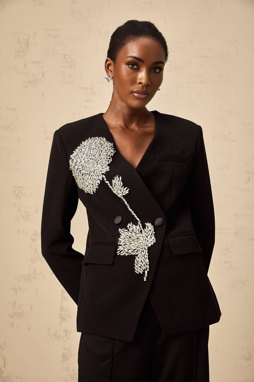 Renata Blazer Renata Floral Crystal Embellished Black Double Breasted