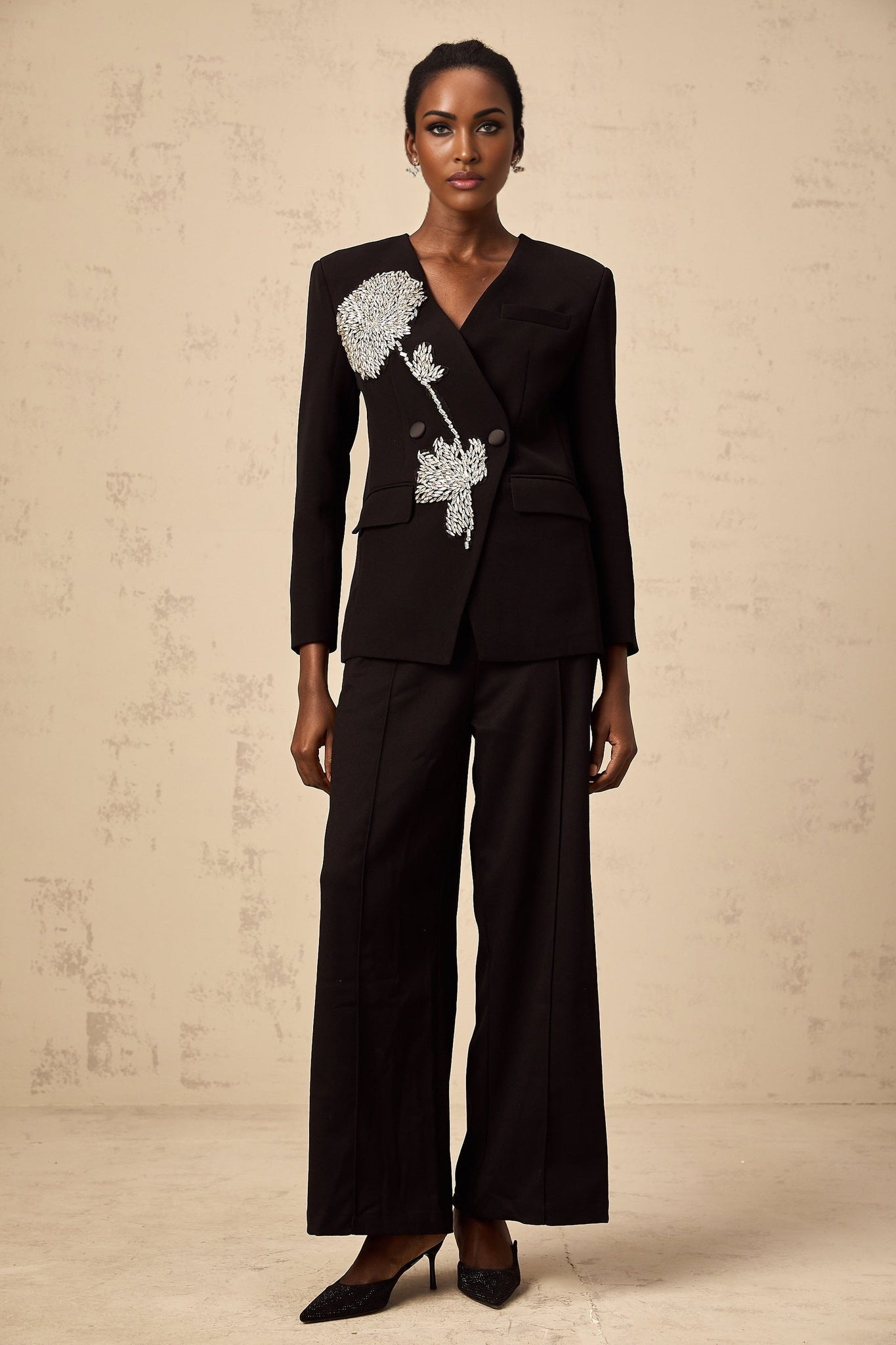Renata Blazer Renata Floral Crystal Embellished Black Double Breasted