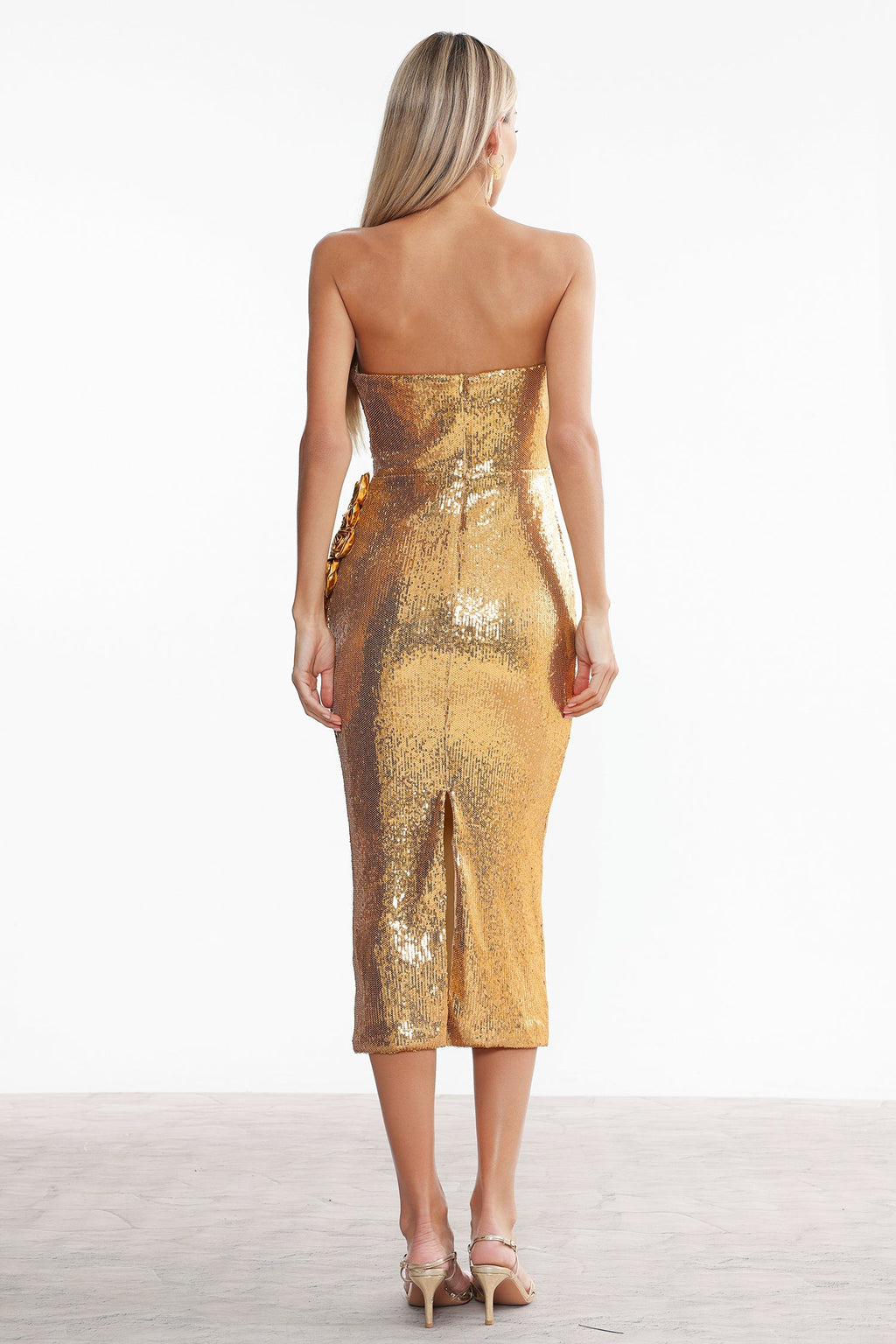 Renata Gold Sequin Floral Embellished Strapless Dress