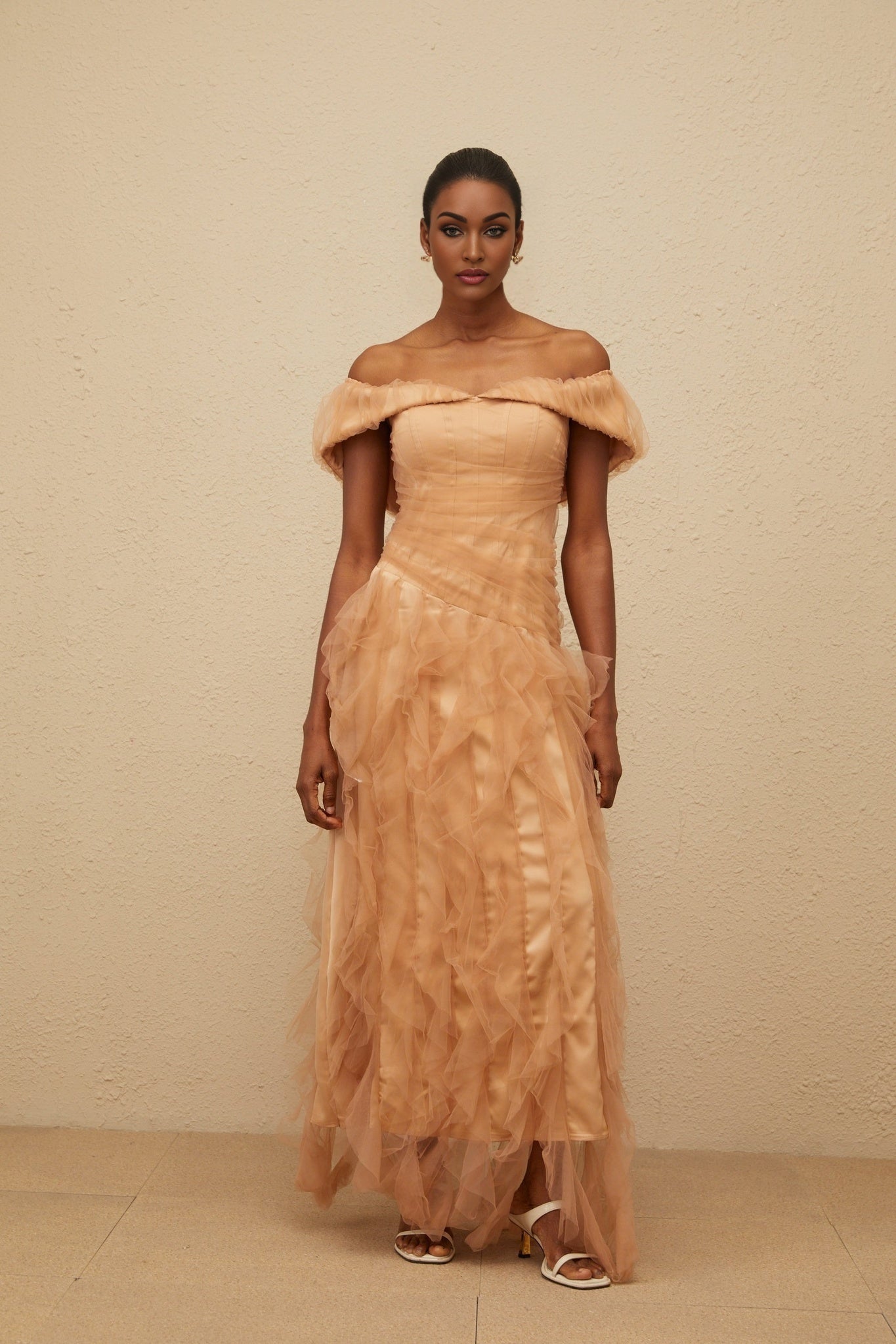 Renata Maxi Dress - Off - Shoulder - Strapless - Boned Bodice - Ruffled Tulle Detail
