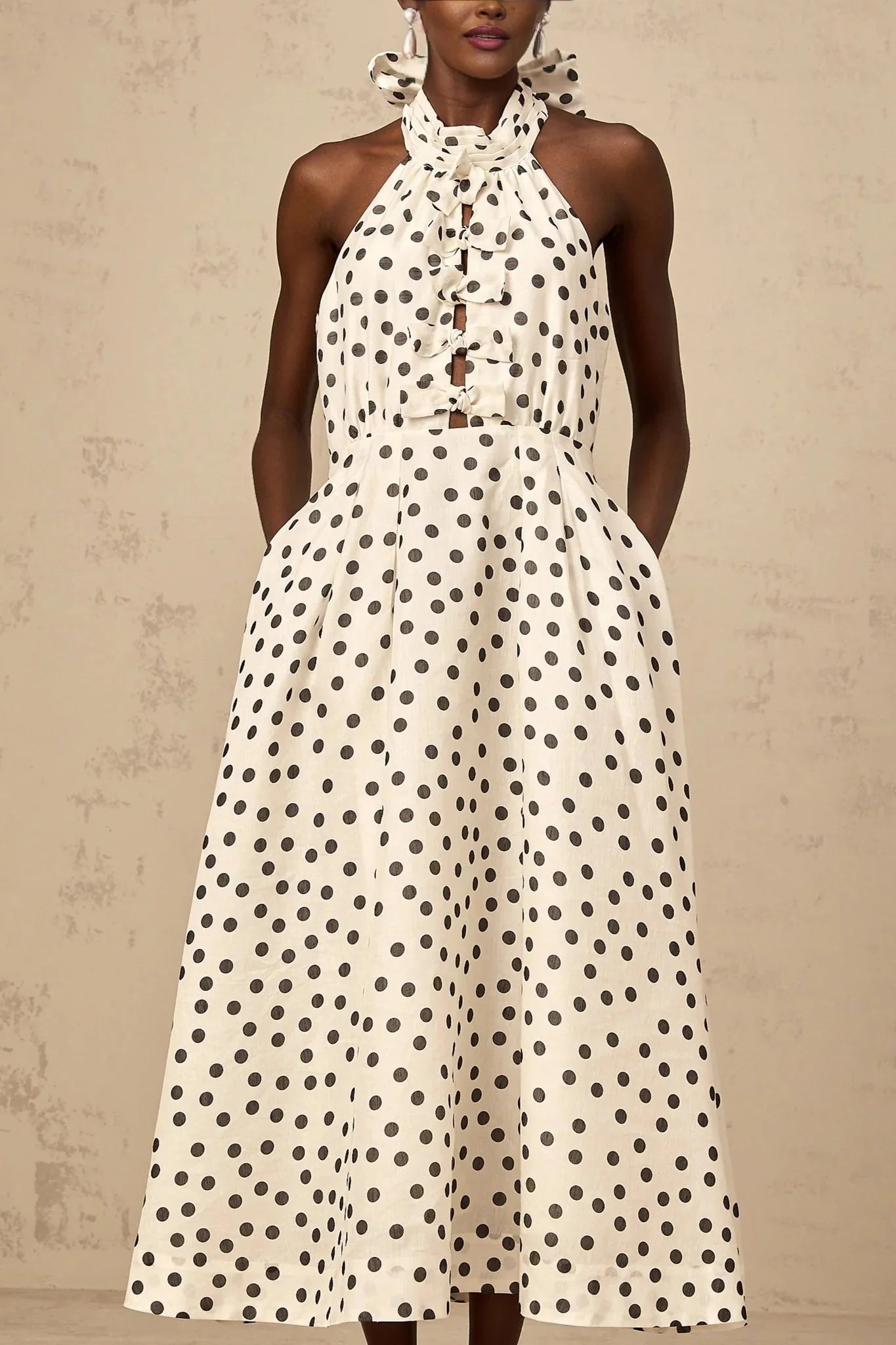 Renata Midi Dress White & Black Polka - Dot Bow Cut - Out