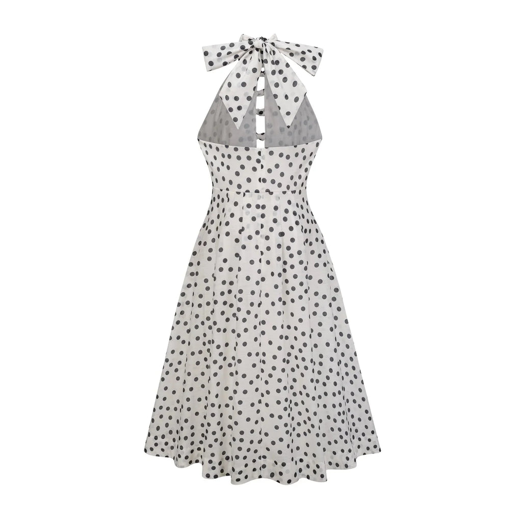 Renata Midi Dress White & Black Polka - Dot Bow Cut - Out