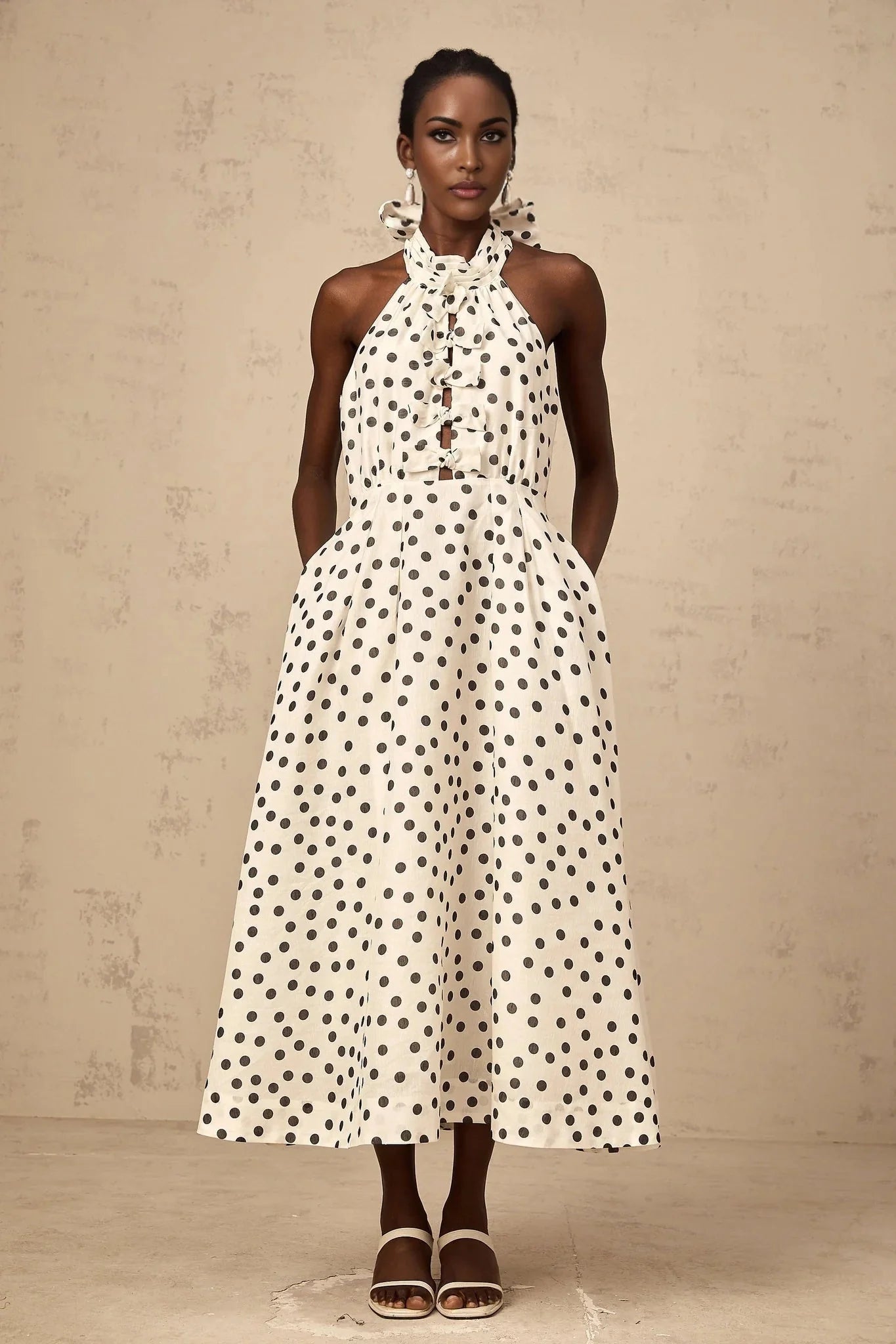 Renata Midi Dress White & Black Polka - Dot Bow Cut - Out