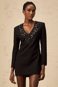 Renata Mini Dress Black Crystal Plunge ALine