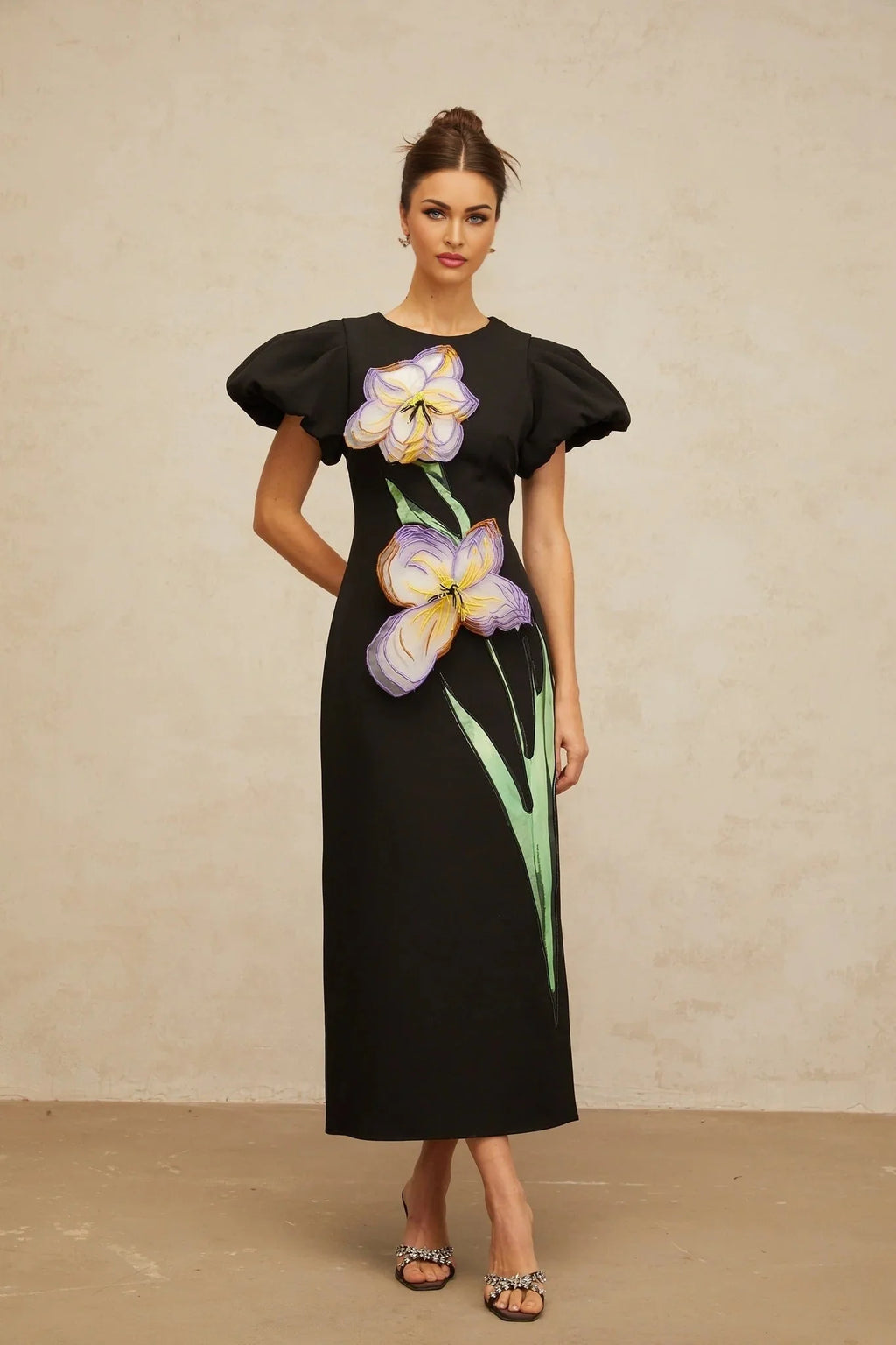 Rhea Midi Dress Black Floral Sequin Embroidery Slit Zip Fastening
