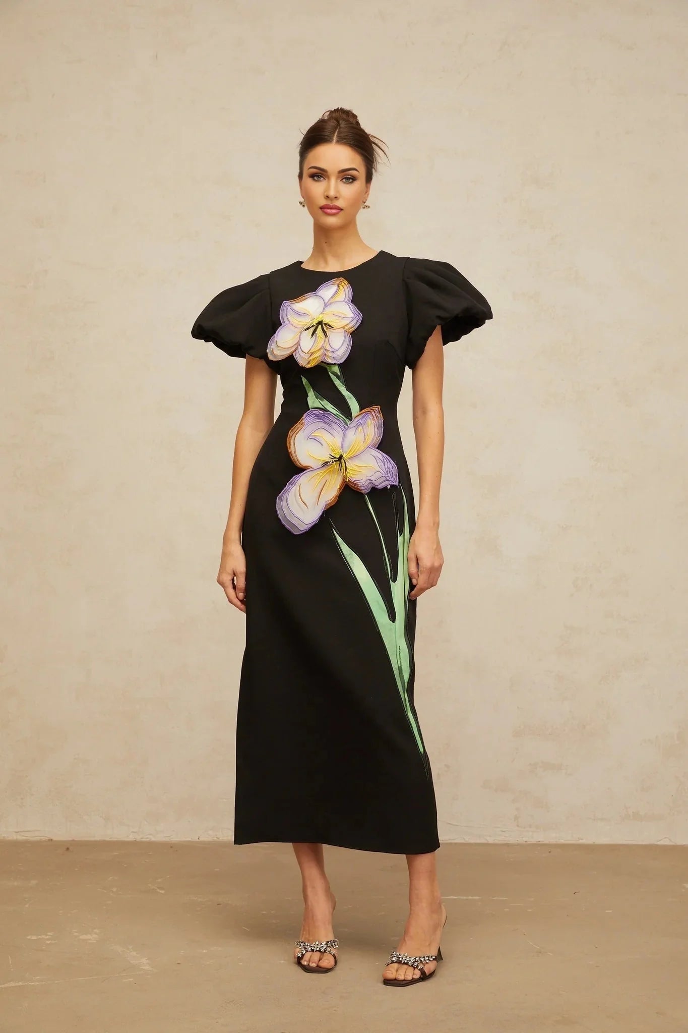 Rhea Midi Dress Black Floral Sequin Embroidery Slit Zip Fastening