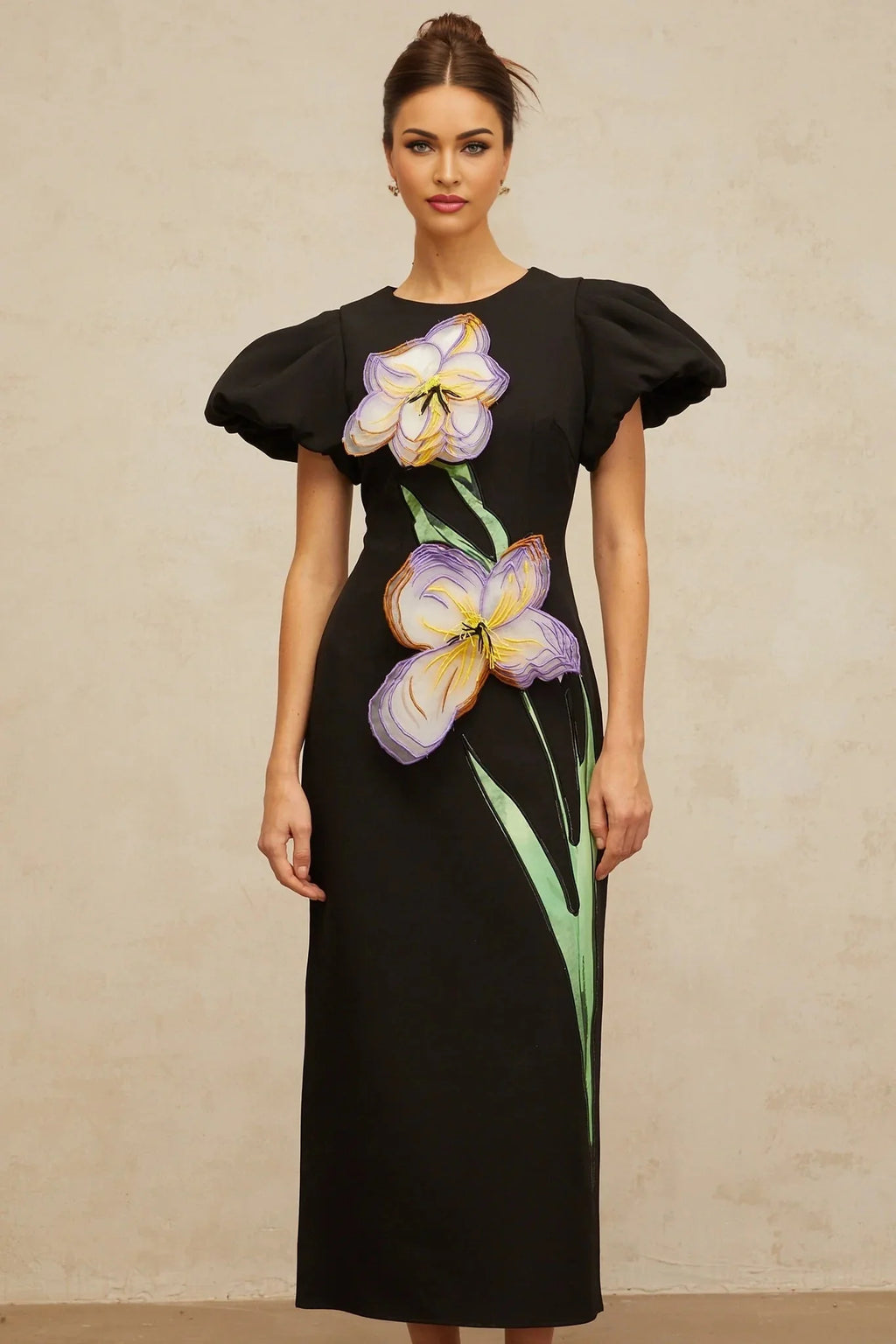 Rhea Midi Dress Black Floral Sequin Embroidery Slit Zip Fastening