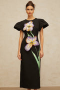 Rhea Midi Dress Black Floral Sequin Embroidery Slit Zip Fastening