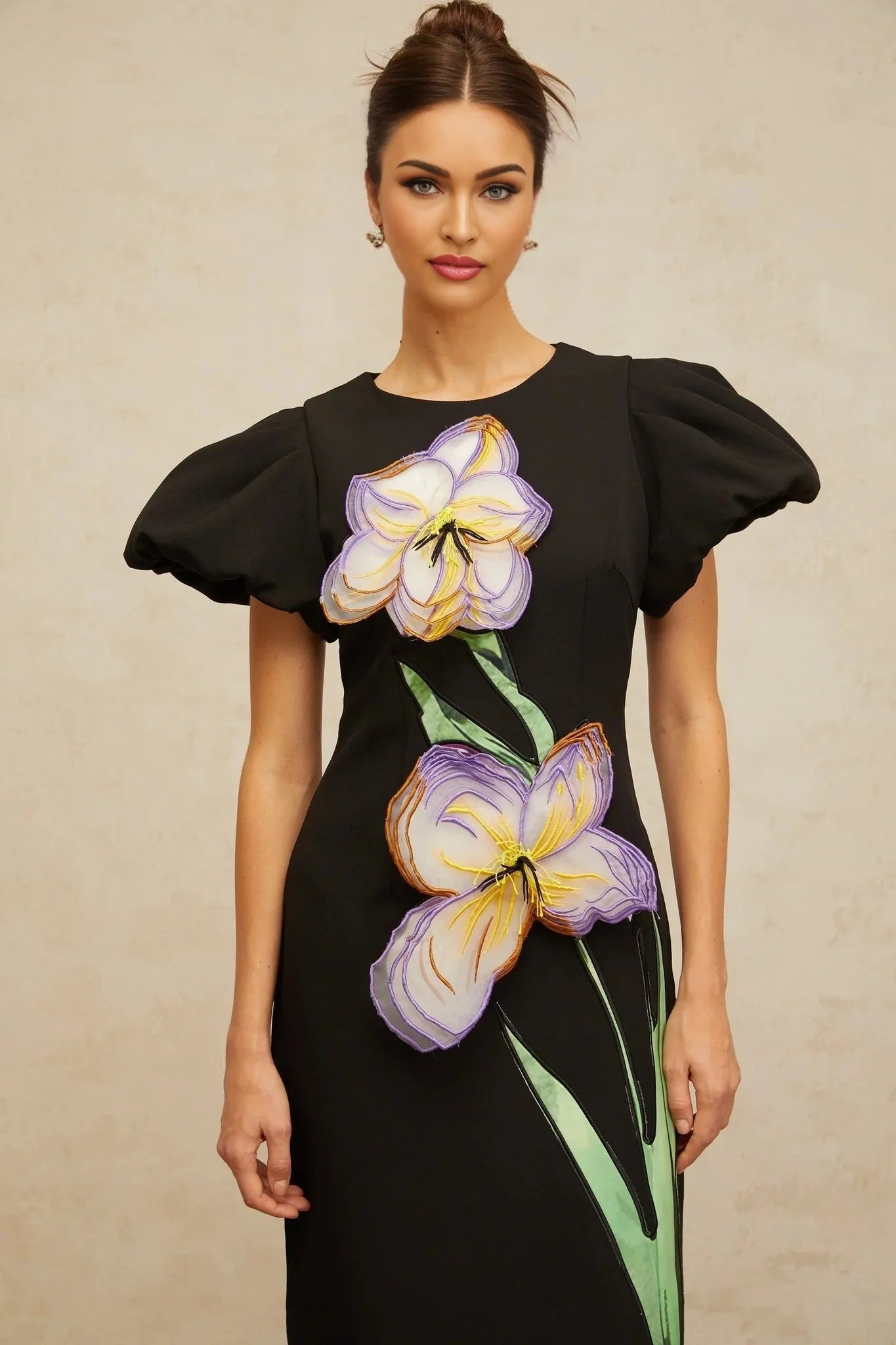 Rhea Midi Dress Black Floral Sequin Embroidery Slit Zip Fastening