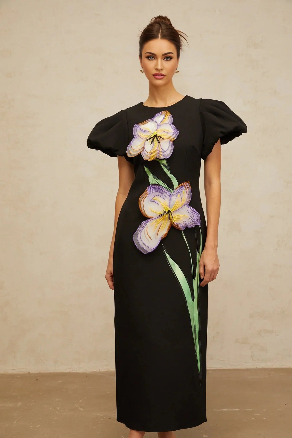 Rhea Midi Dress Black Floral Sequin Embroidery Slit Zip Fastening
