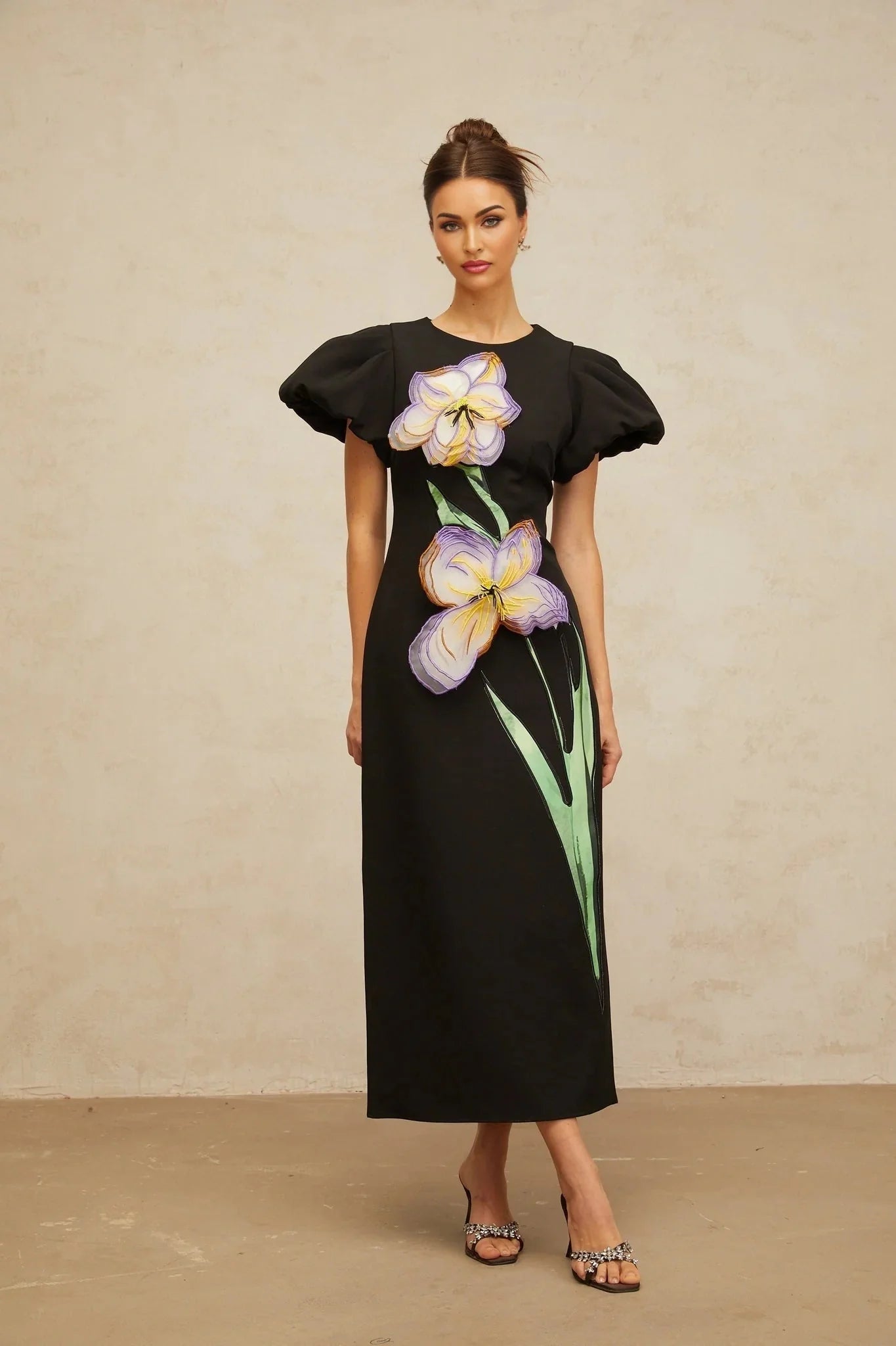 Rhea Midi Dress Black Floral Sequin Embroidery Slit Zip Fastening