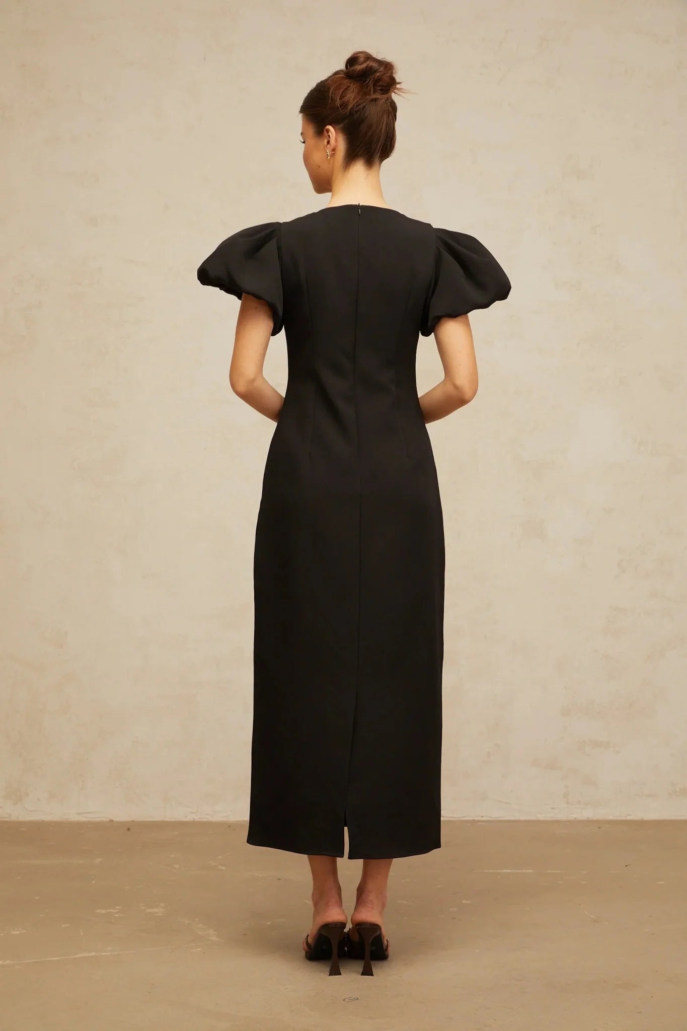 Rhea Midi Dress Black Floral Sequin Embroidery Slit Zip Fastening