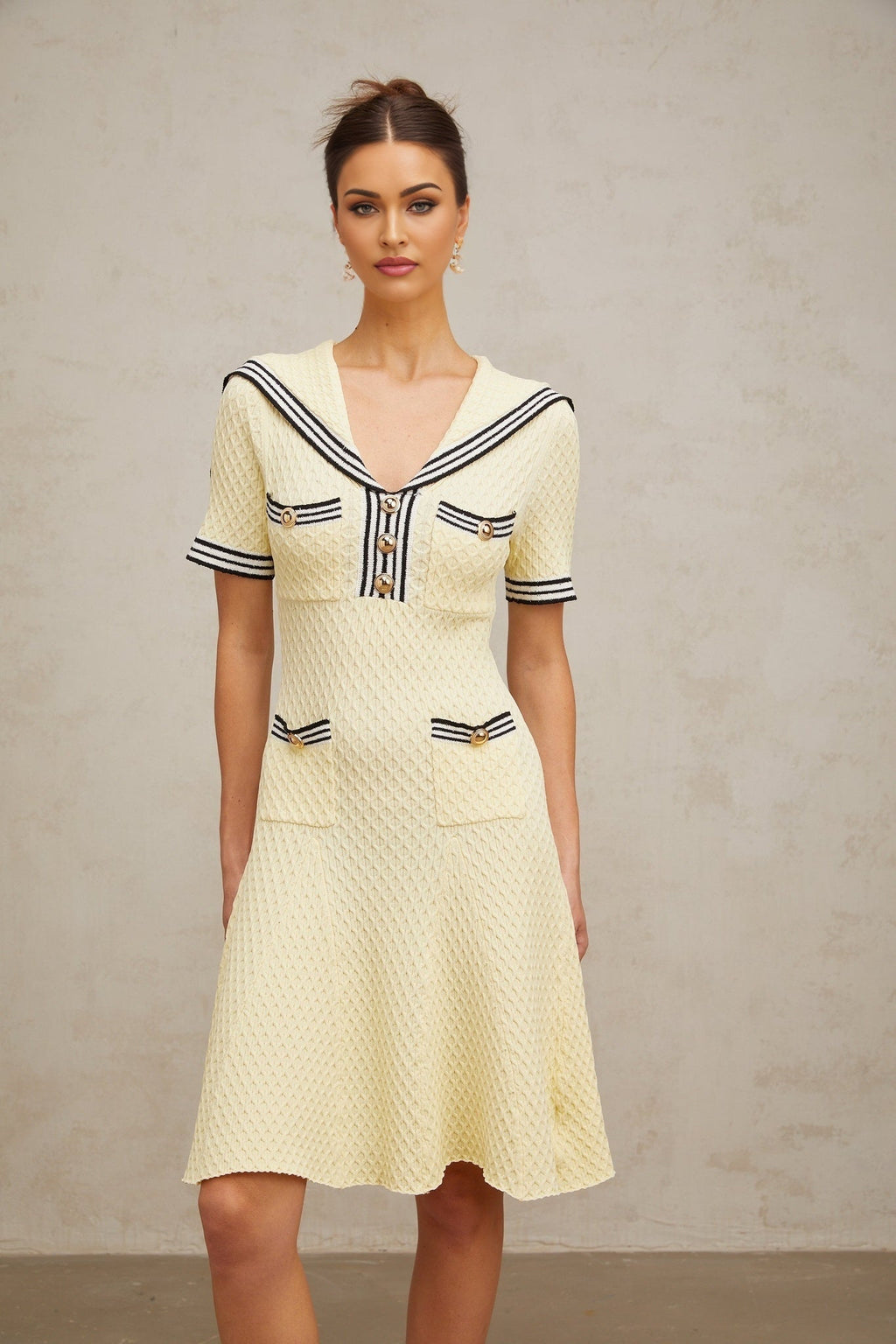Riccarda Knitted Dress Yellow Sailor Collar Style