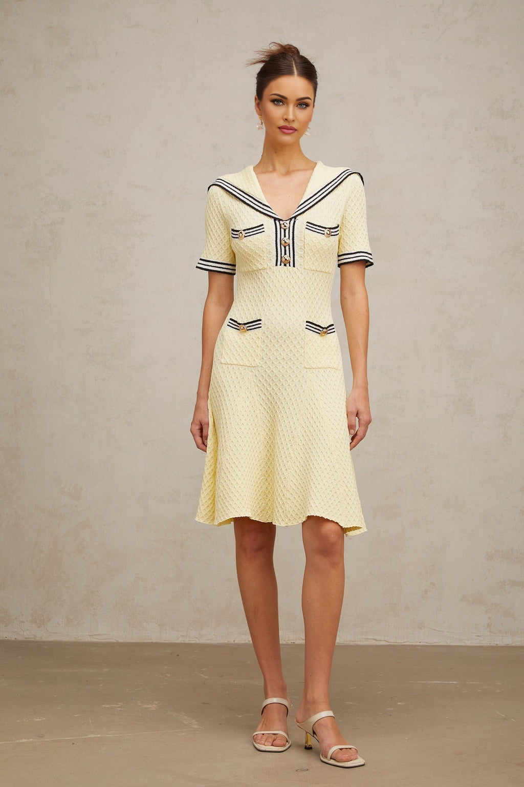 Riccarda Knitted Dress Yellow Sailor Collar Style