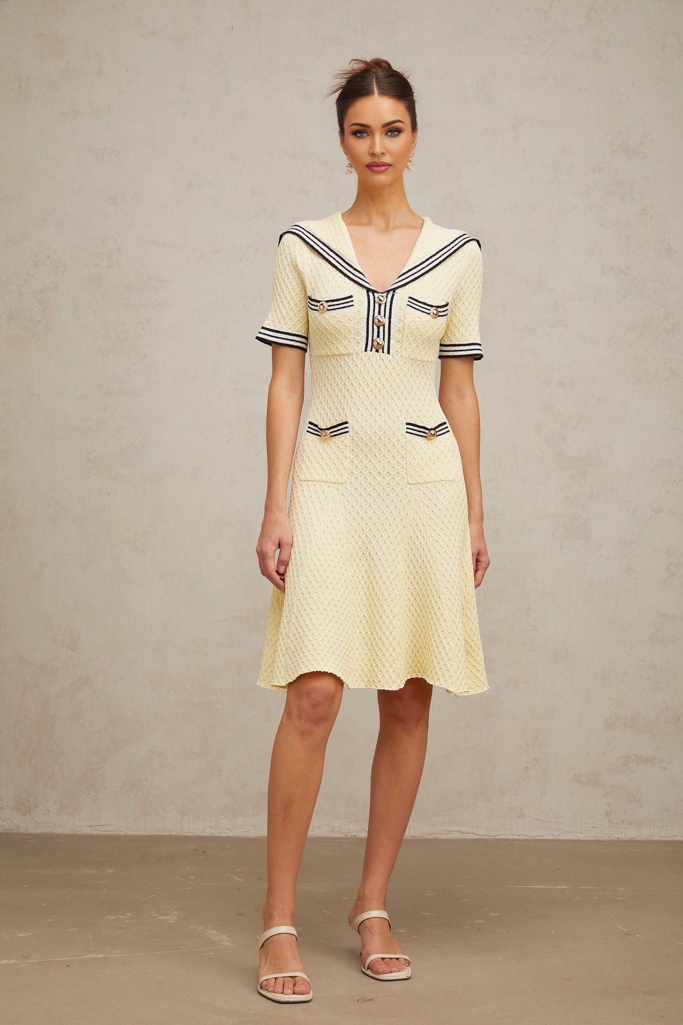 Riccarda Knitted Dress Yellow Sailor Collar Style