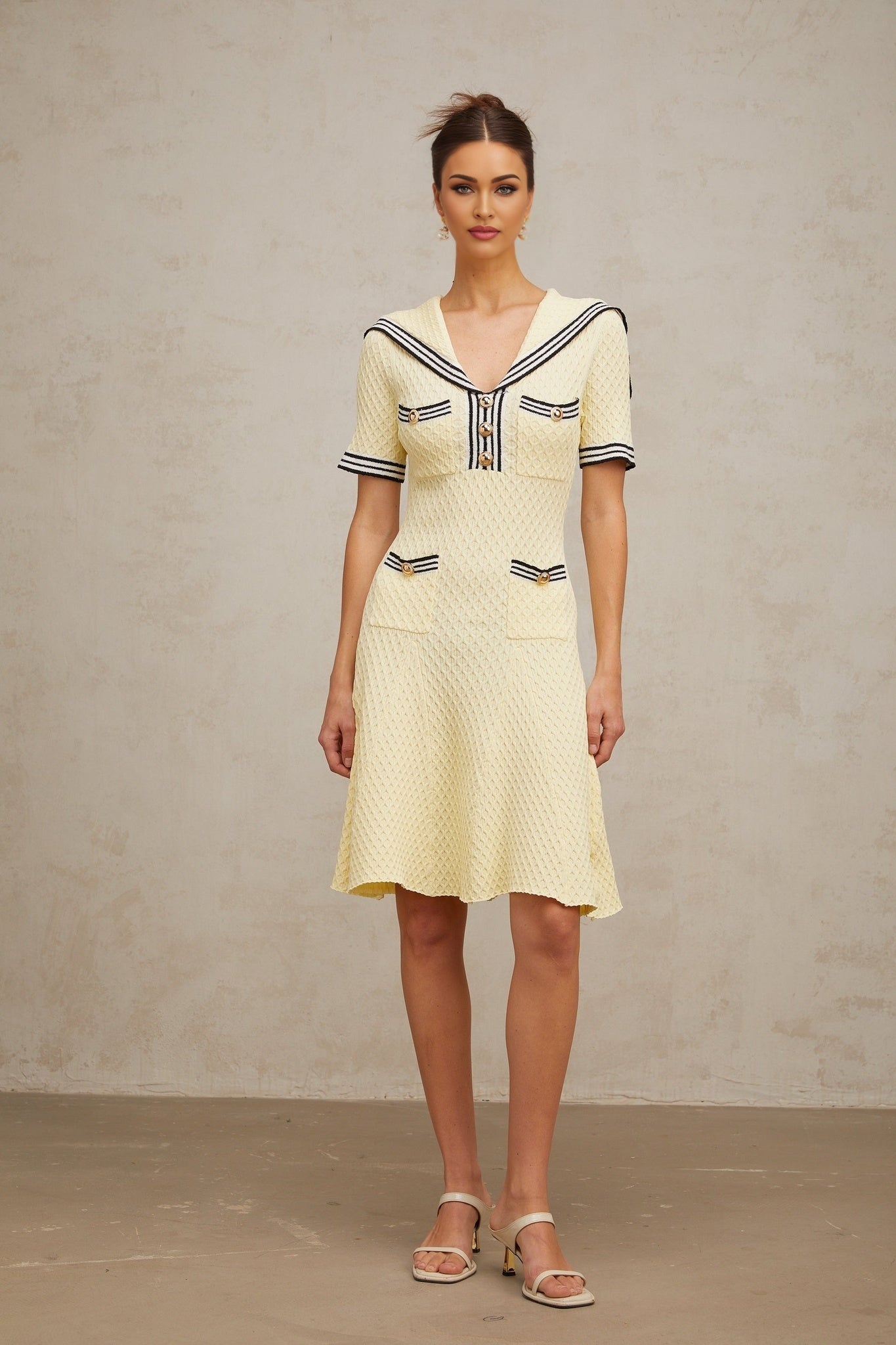 Riccarda Knitted Dress Yellow Sailor Collar Style
