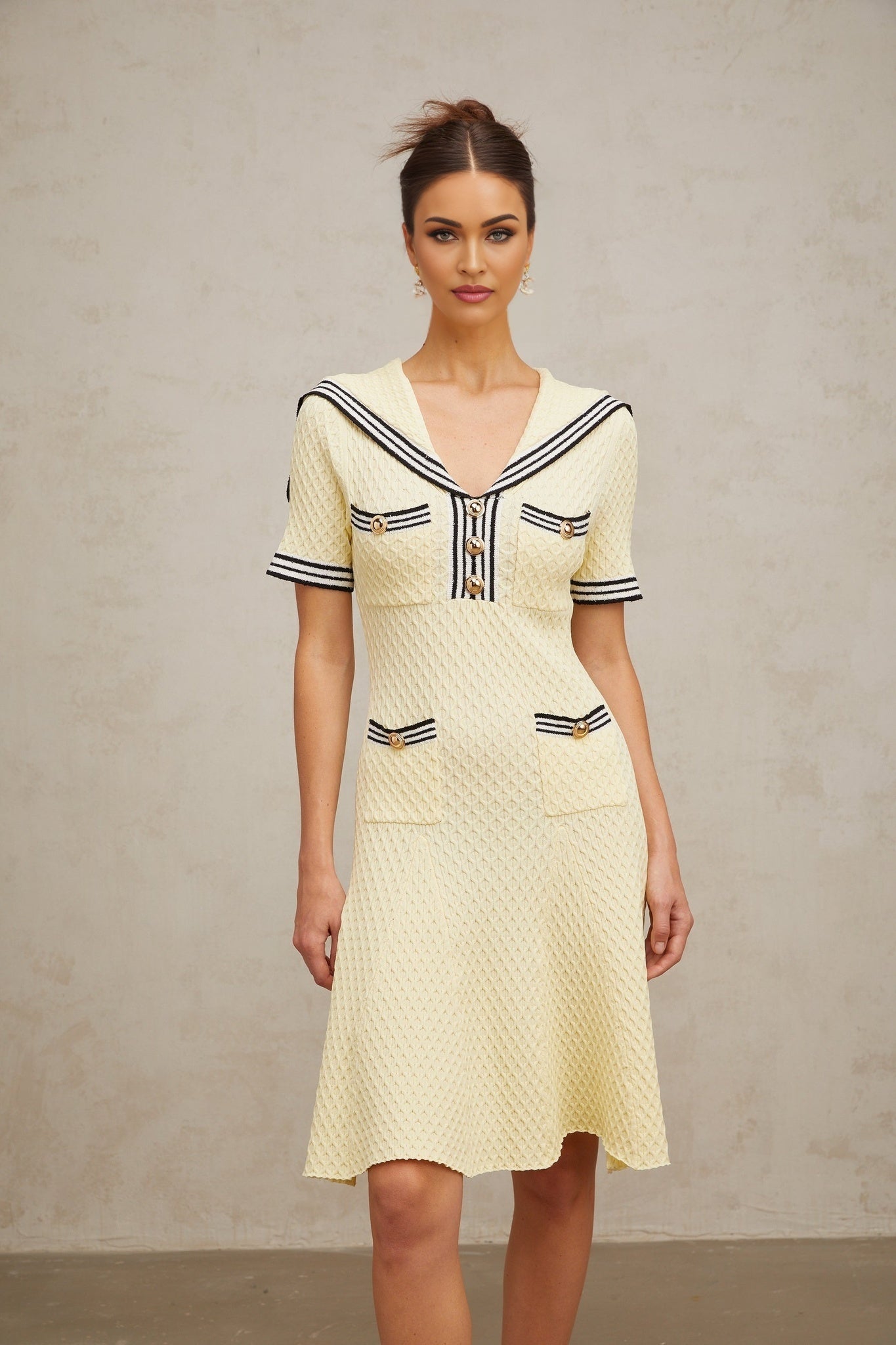 Riccarda Knitted Dress Yellow Sailor Collar Style