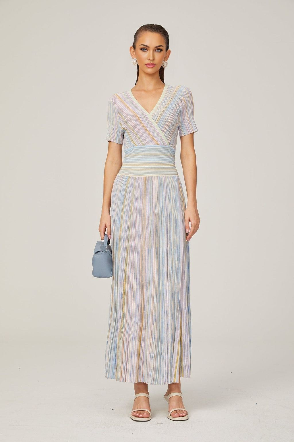 Riccarda Midi Dress Blue Metallic Pinstripe Flared Skirt