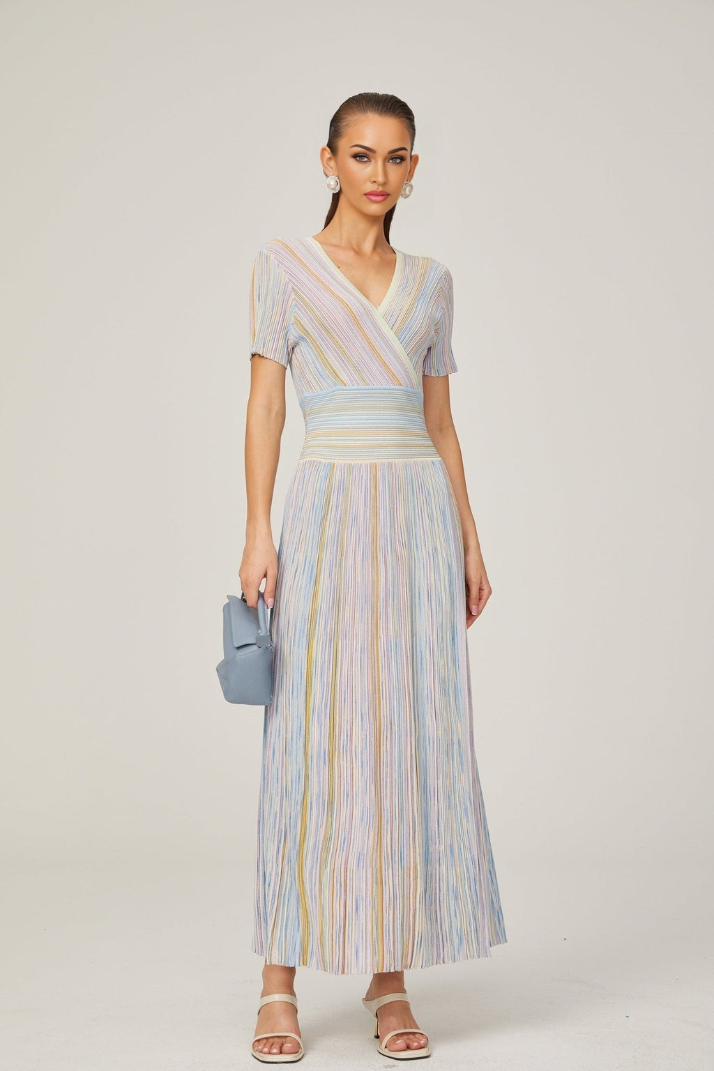 Riccarda Midi Dress Blue Metallic Pinstripe Flared Skirt