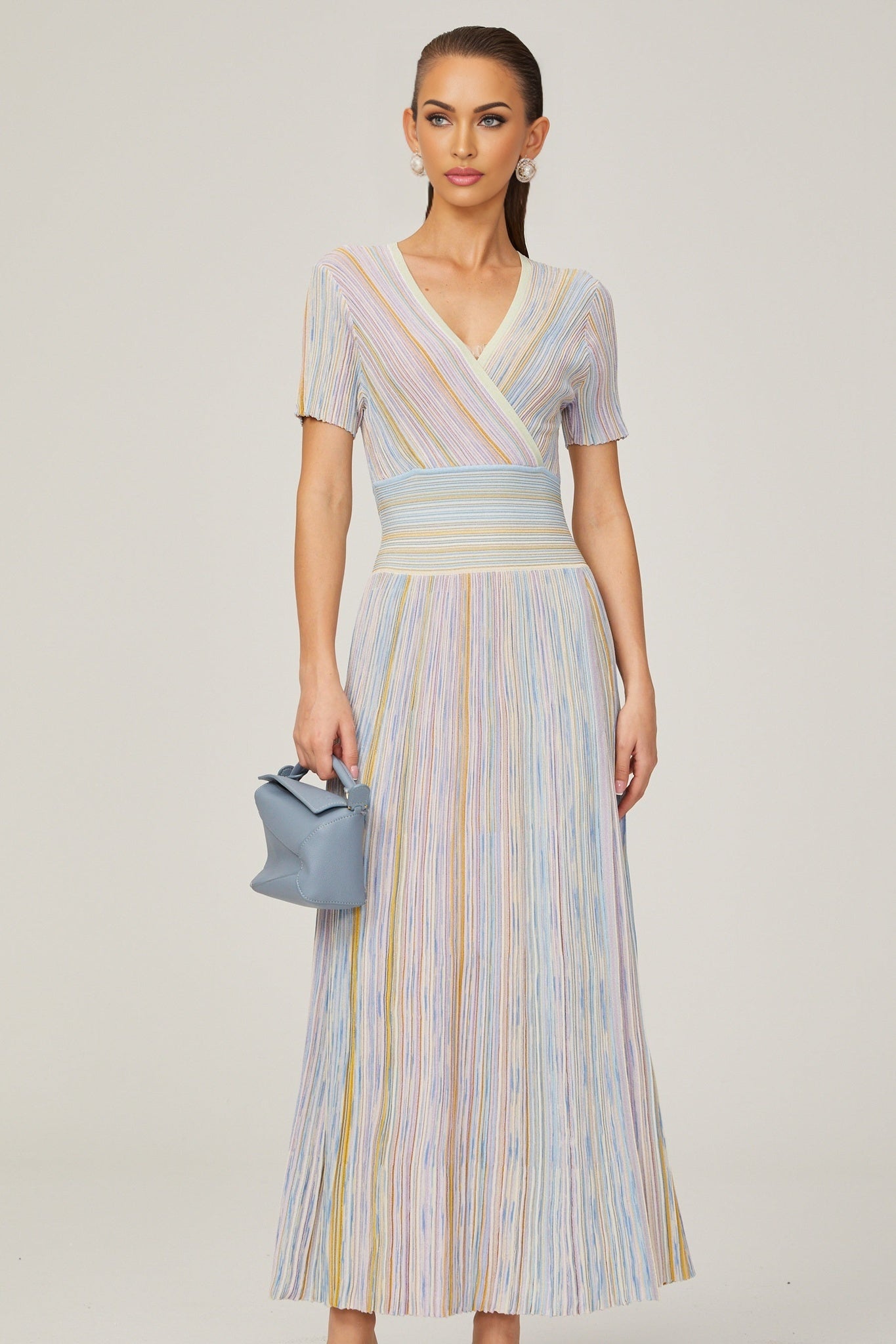 Riccarda Midi Dress Blue Metallic Pinstripe Flared Skirt