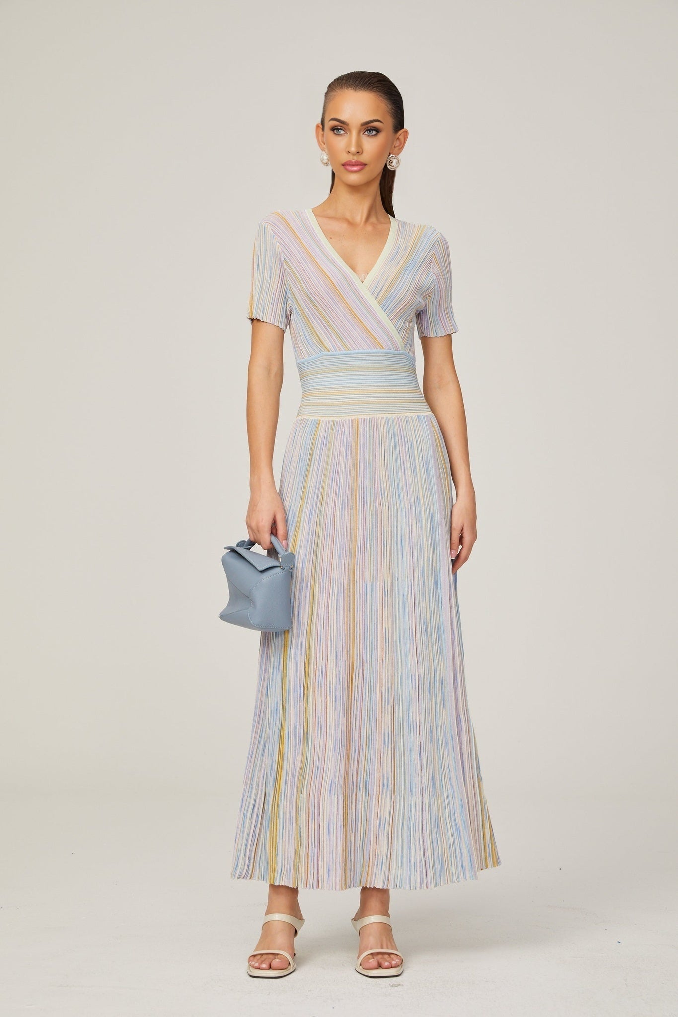 Riccarda Midi Dress Blue Metallic Pinstripe Flared Skirt