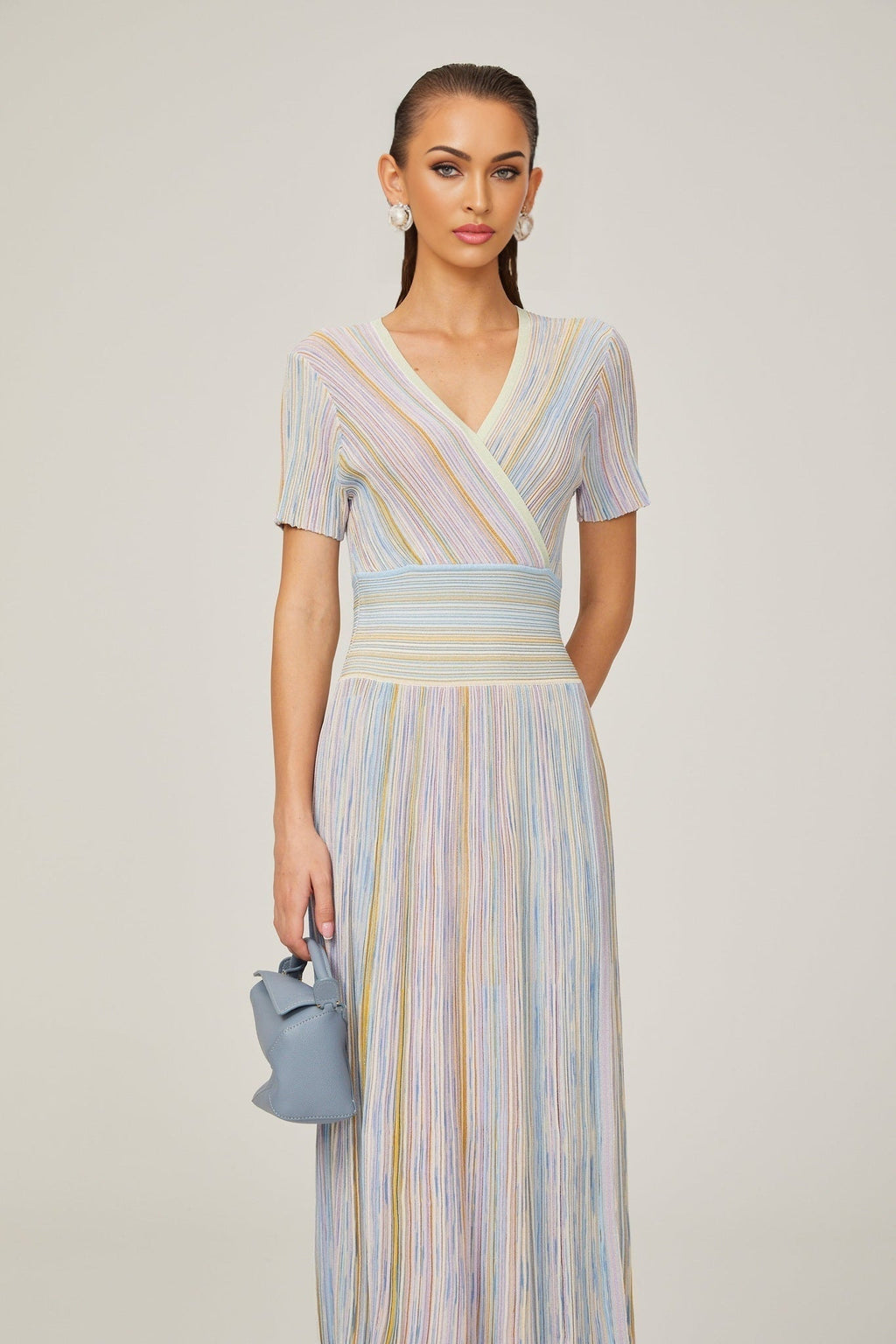 Riccarda Midi Dress Blue Metallic Pinstripe Flared Skirt