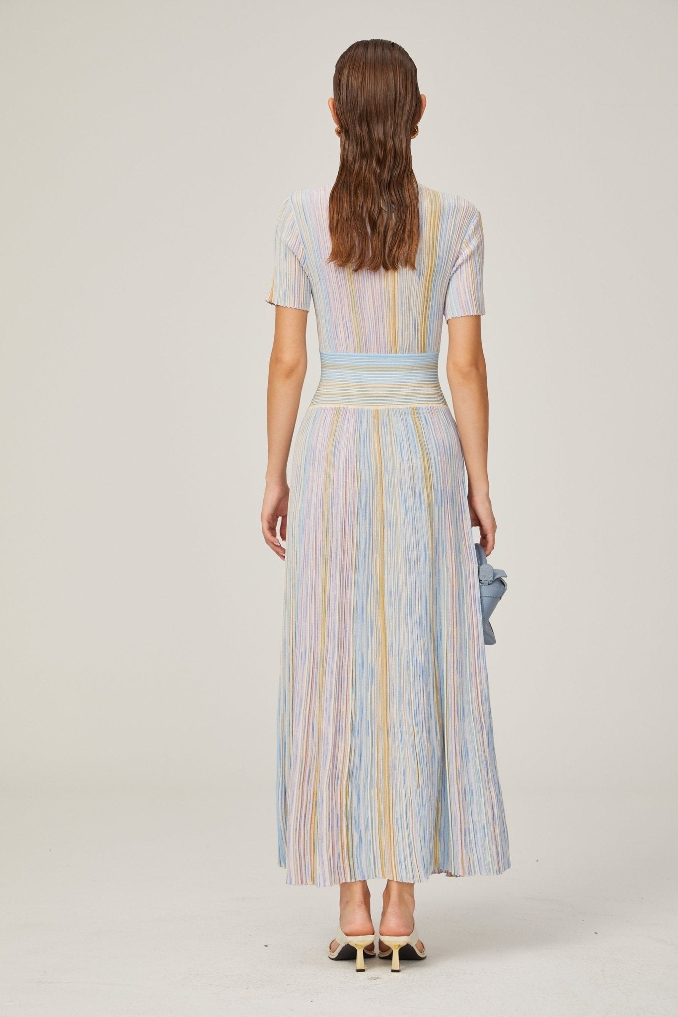 Riccarda Midi Dress Blue Metallic Pinstripe Flared Skirt