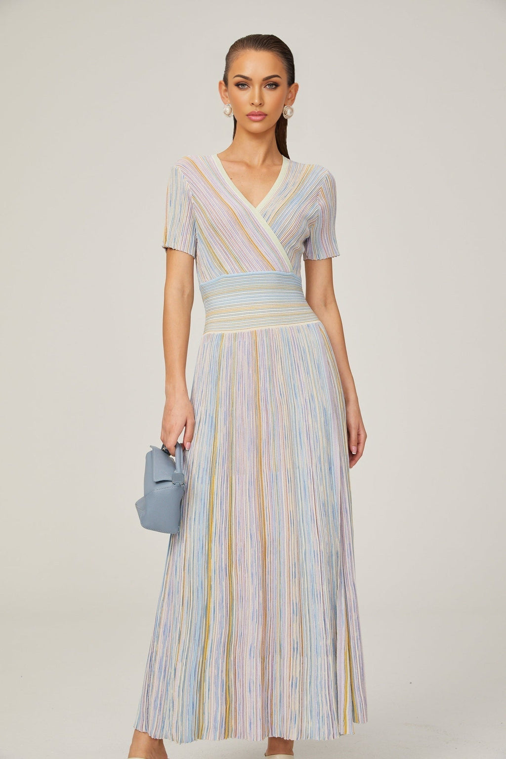 Riccarda Midi Dress Blue Metallic Pinstripe Flared Skirt