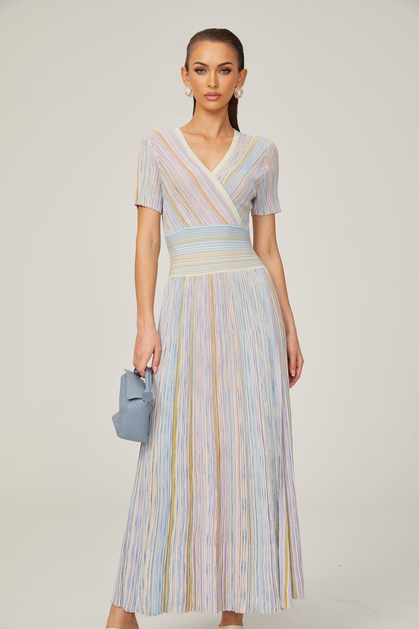 Riccarda Midi Dress Blue Metallic Pinstripe Flared Skirt