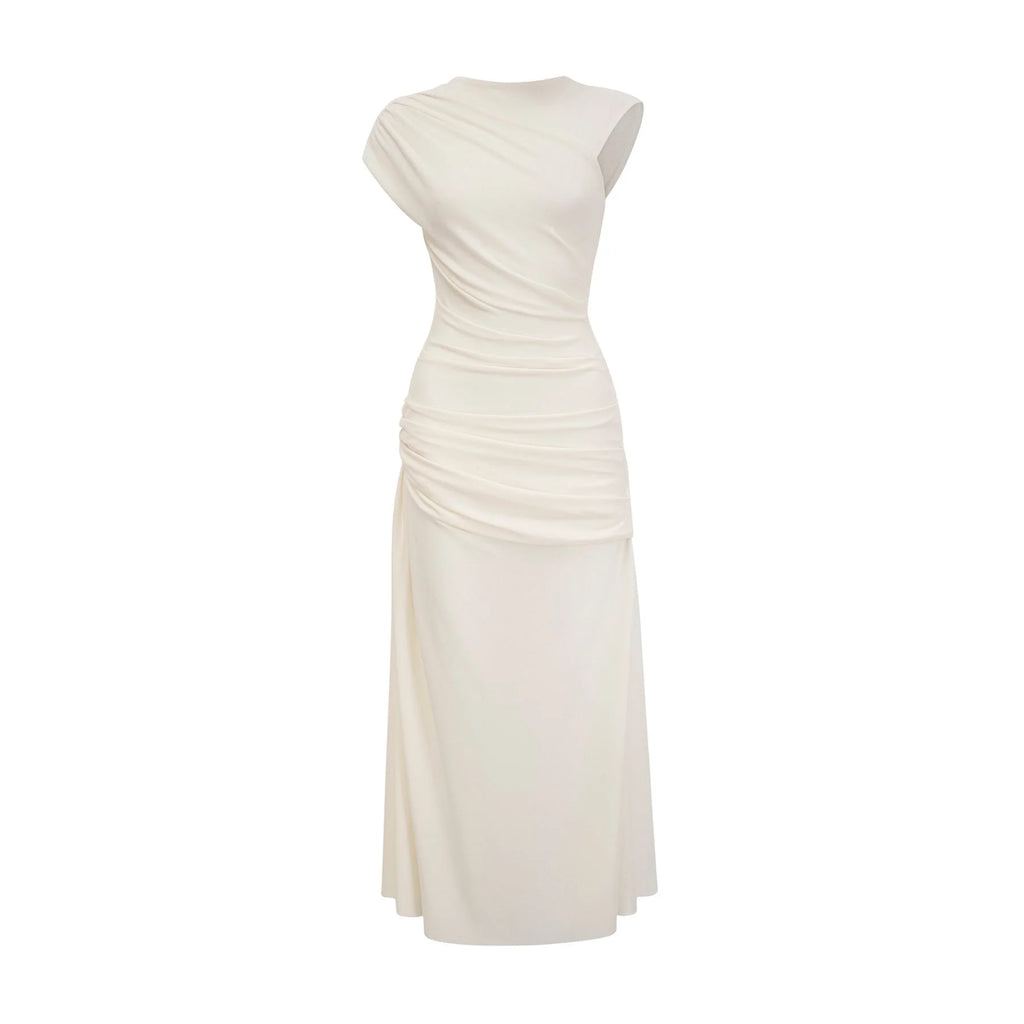 Riccarda Midi Dress White Draped Asymmetric Hem Ruched Detailing