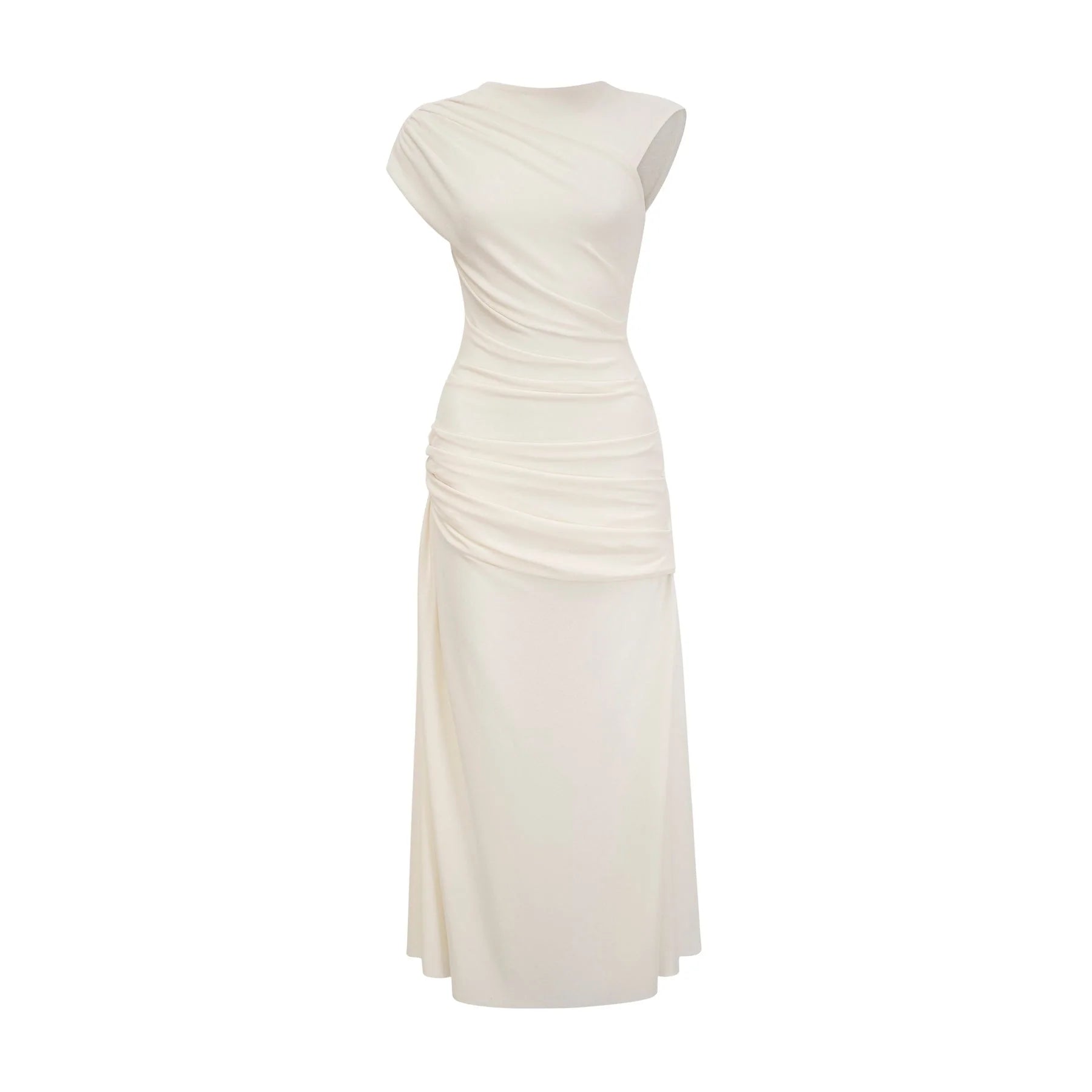Riccarda Midi Dress White Draped Asymmetric Hem Ruched Detailing