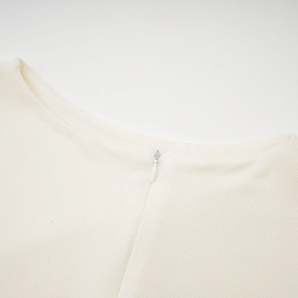 Riccarda Midi Dress White Draped Asymmetric Hem Ruched Detailing