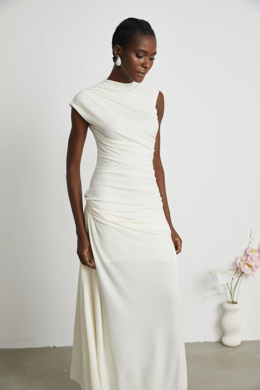 Riccarda Midi Dress White Draped Asymmetric Hem Ruched Detailing