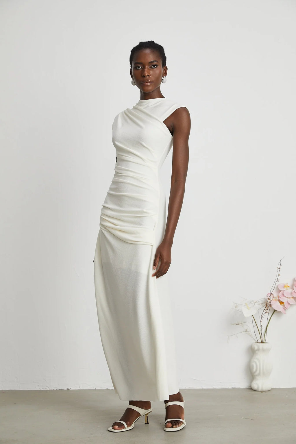 Riccarda Midi Dress White Draped Asymmetric Hem Ruched Detailing