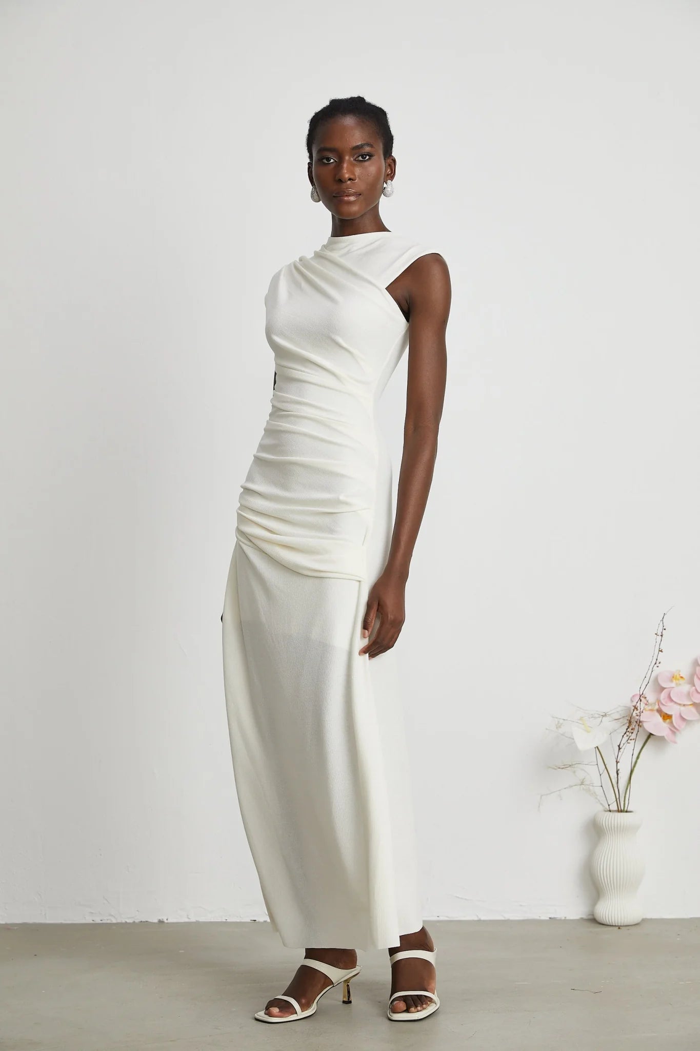 Riccarda Midi Dress White Draped Asymmetric Hem Ruched Detailing