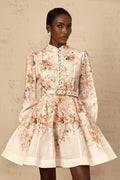 Riccarda Mini Dress Beige Floral Print & Belted Detail