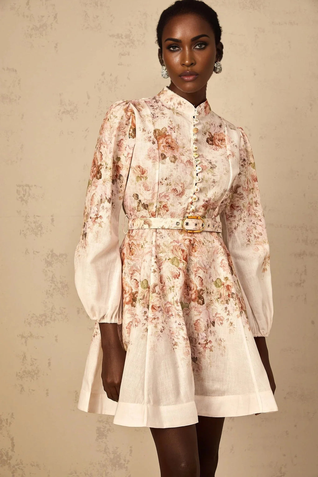 Riccarda Mini Dress Beige Floral Print & Belted Detail