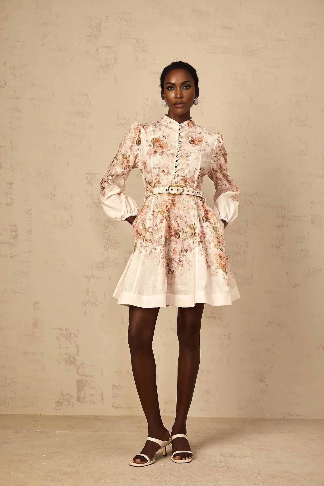 Riccarda Mini Dress Beige Floral Print & Belted Detail