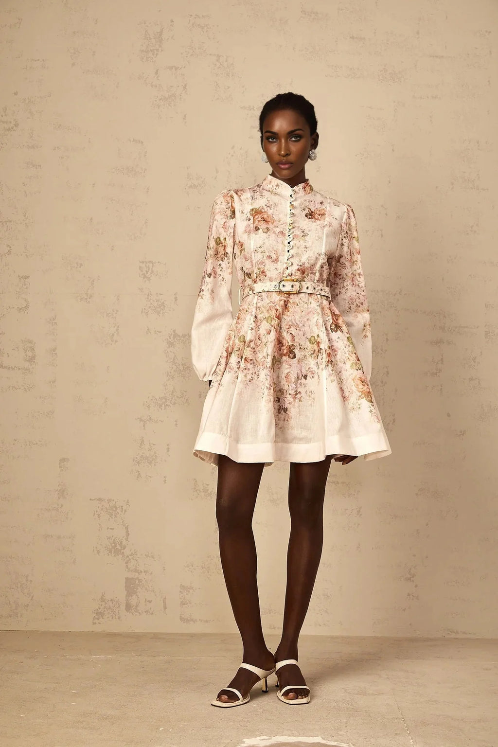 Riccarda Mini Dress Beige Floral Print & Belted Detail