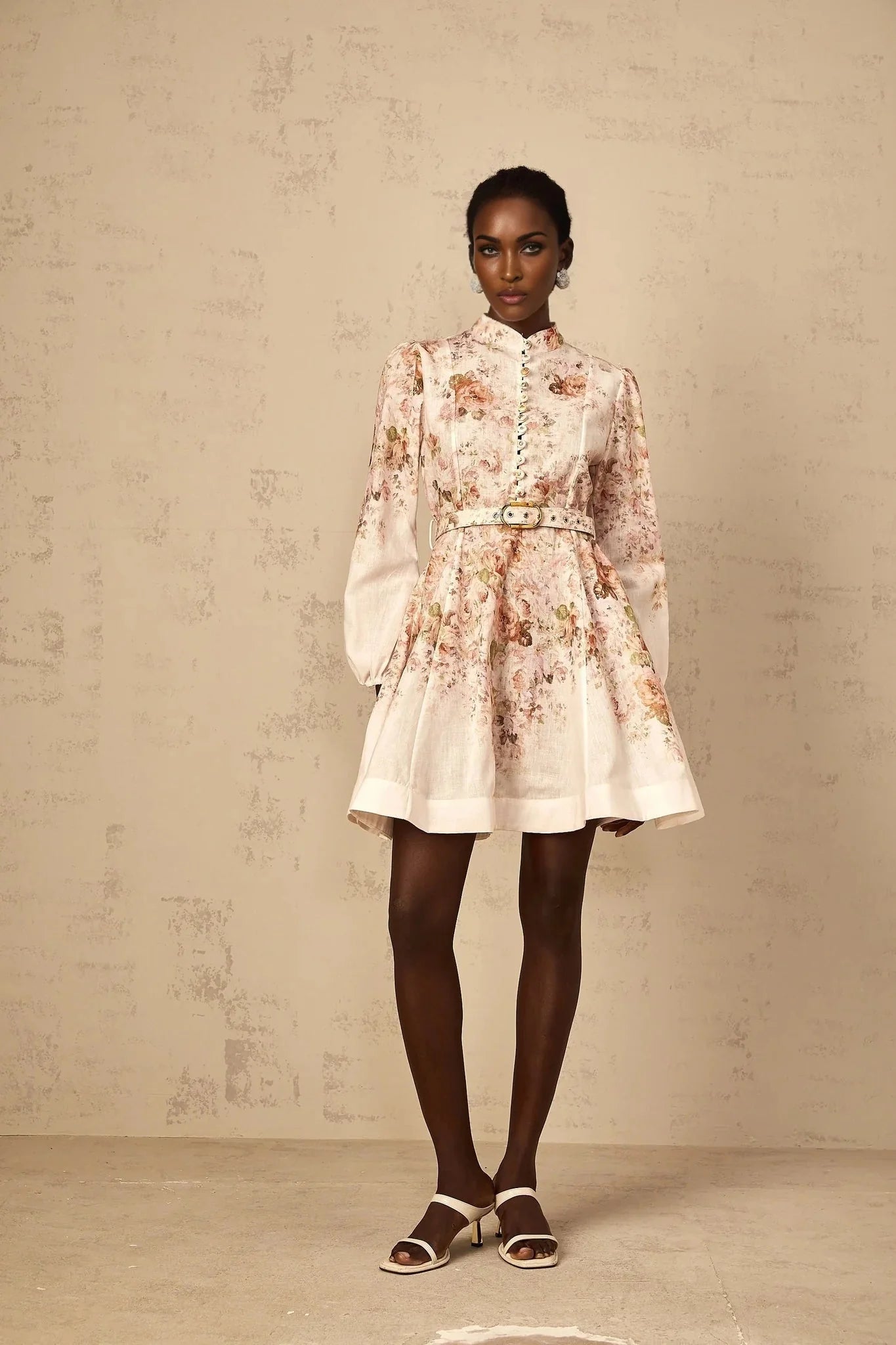Riccarda Mini Dress Beige Floral Print & Belted Detail