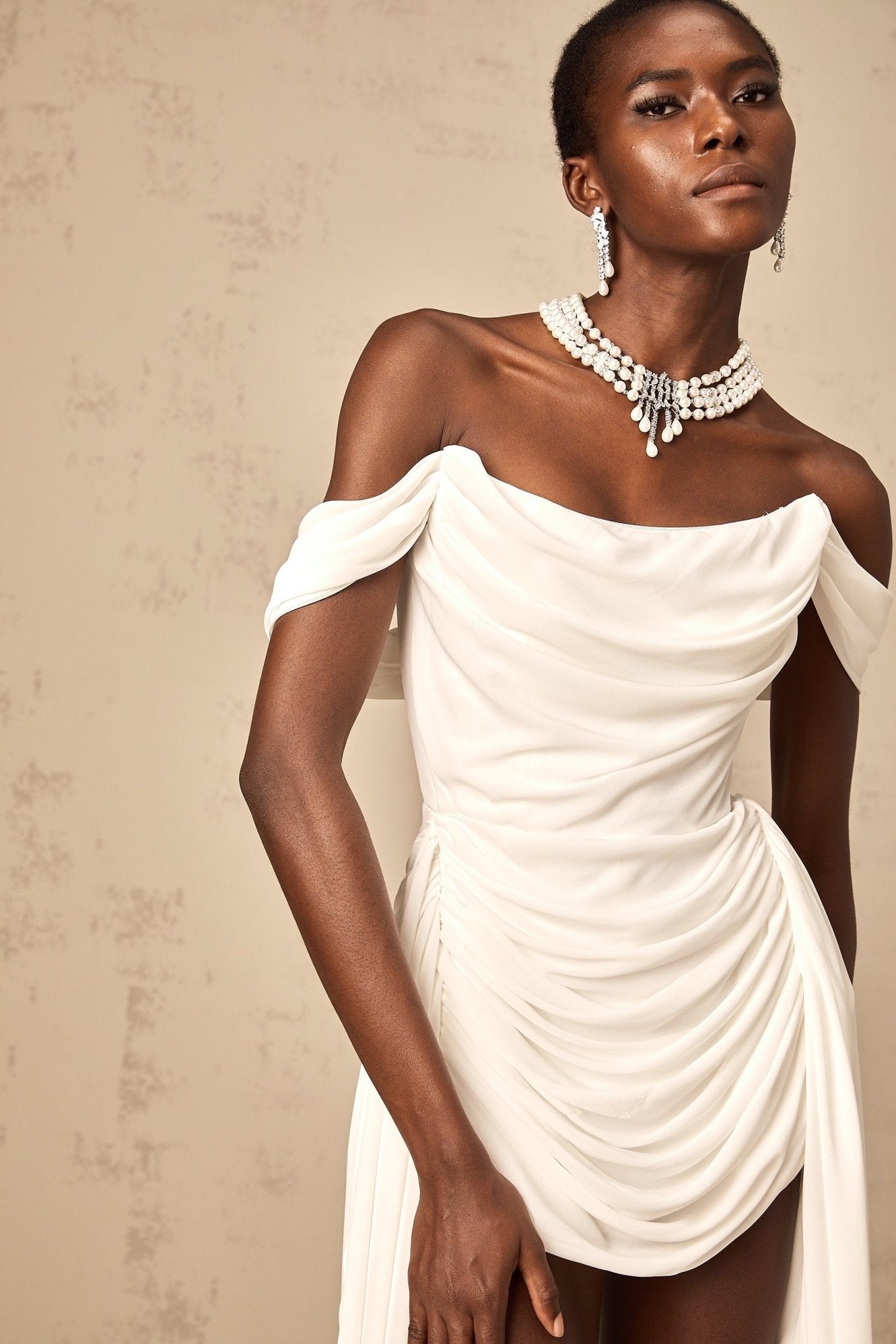 Riccarda Mini Dress White Ribbon Off Shoulder Layered & Ruched