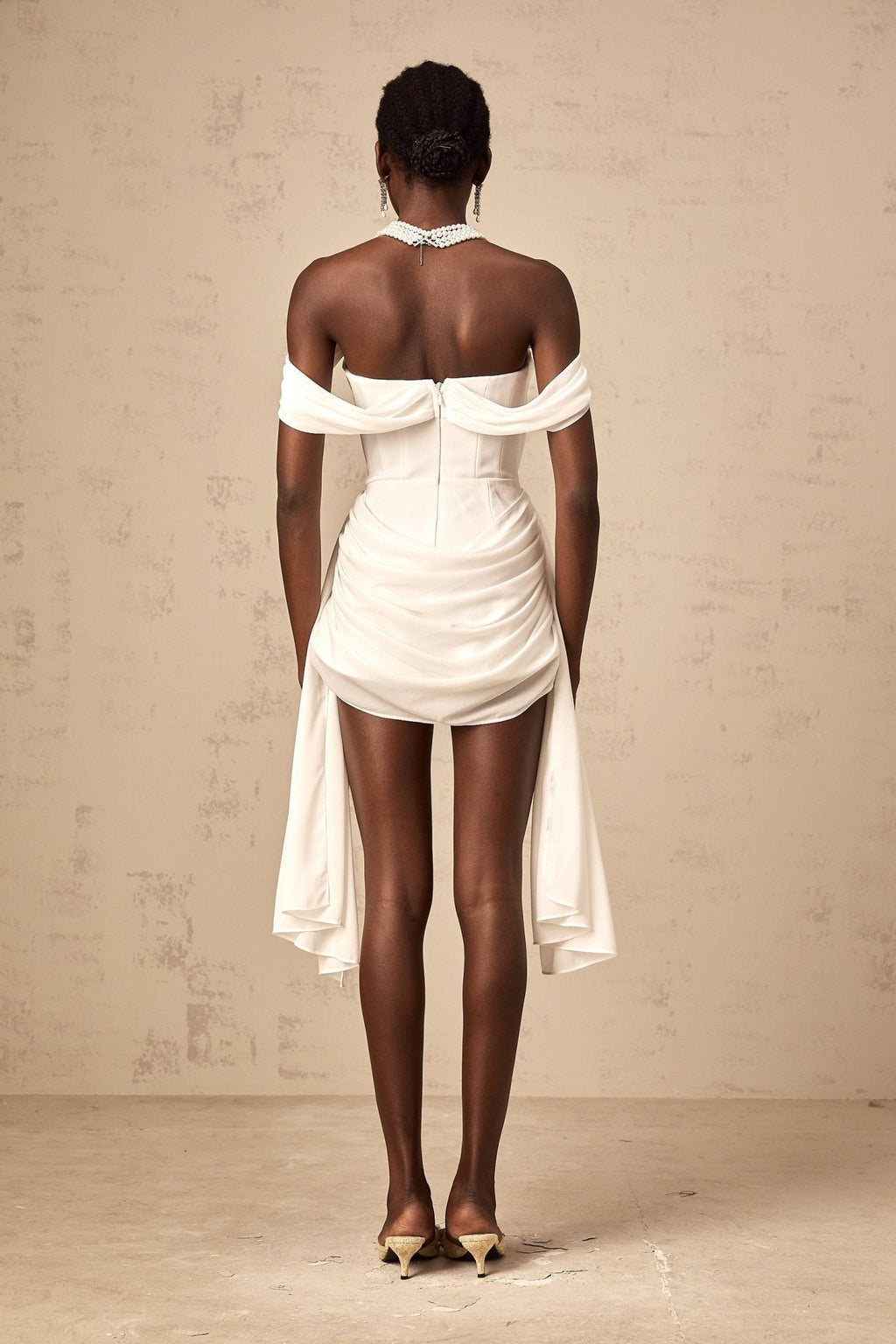 Riccarda Mini Dress White Ribbon Off Shoulder Layered & Ruched
