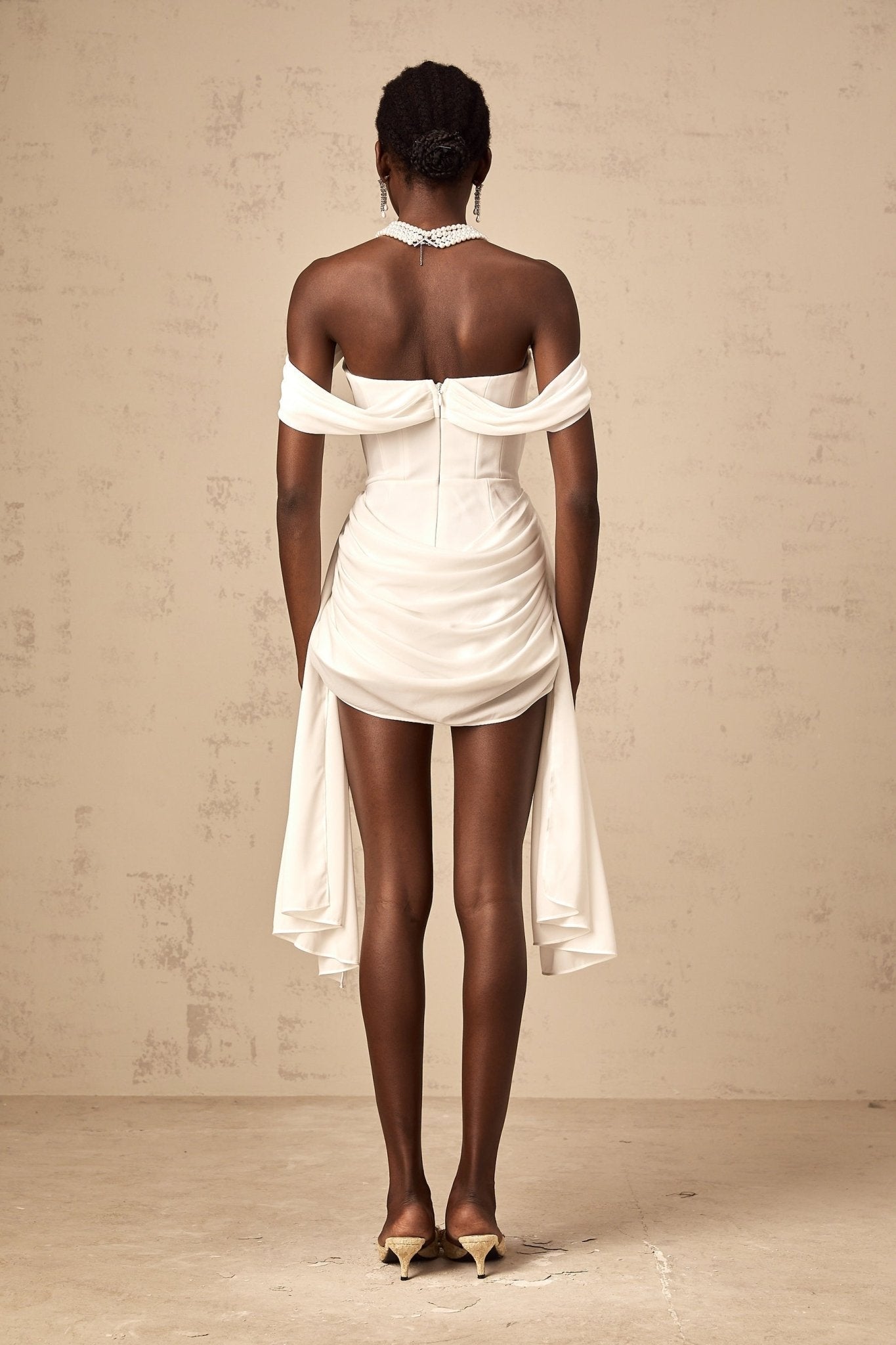Riccarda Mini Dress White Ribbon Off Shoulder Layered & Ruched