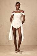 Riccarda Mini Dress White Ribbon Off Shoulder Layered & Ruched
