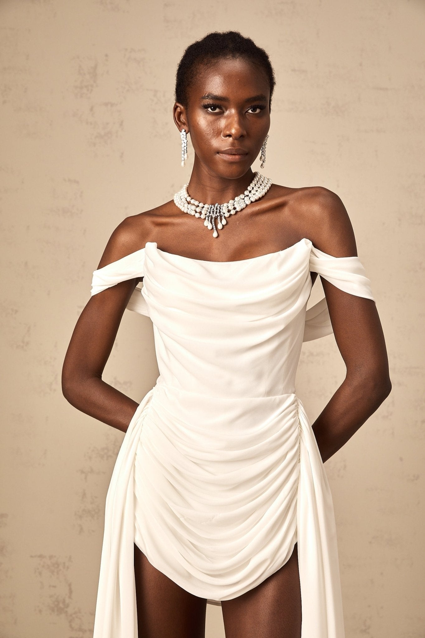 Riccarda Mini Dress White Ribbon Off Shoulder Layered & Ruched