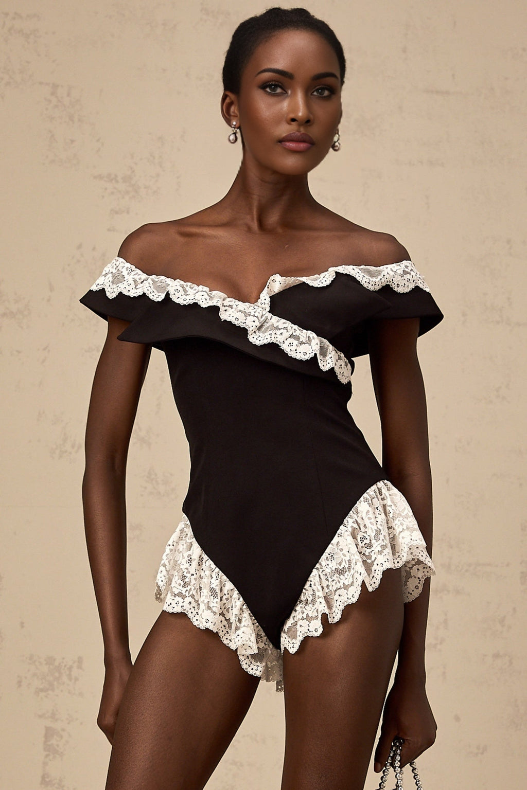 Riley Bodysuit Black & White Lace Trim Off Shoulder Ruffle Zip
