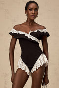 Riley Bodysuit Black & White Lace Trim Off Shoulder Ruffle Zip
