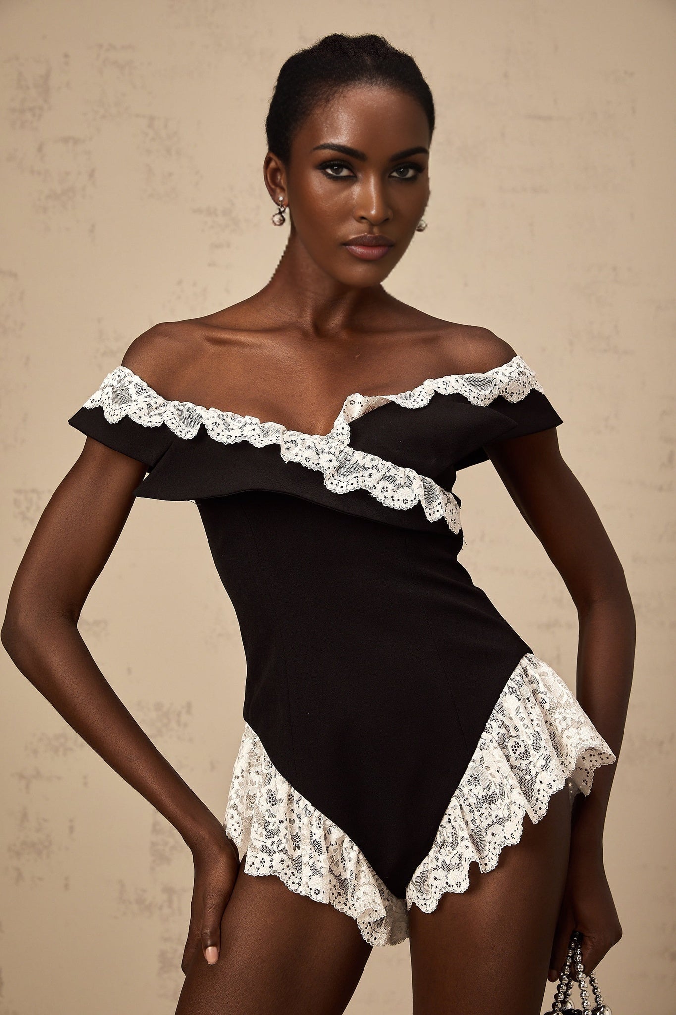 Riley Bodysuit Black & White Lace Trim Off Shoulder Ruffle Zip