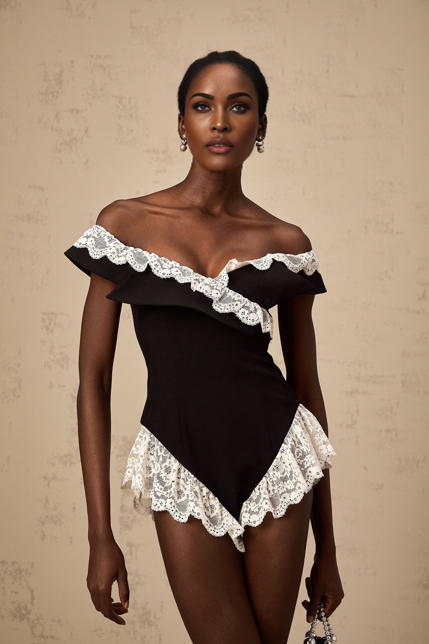 Riley Bodysuit Black & White Lace Trim Off Shoulder Ruffle Zip