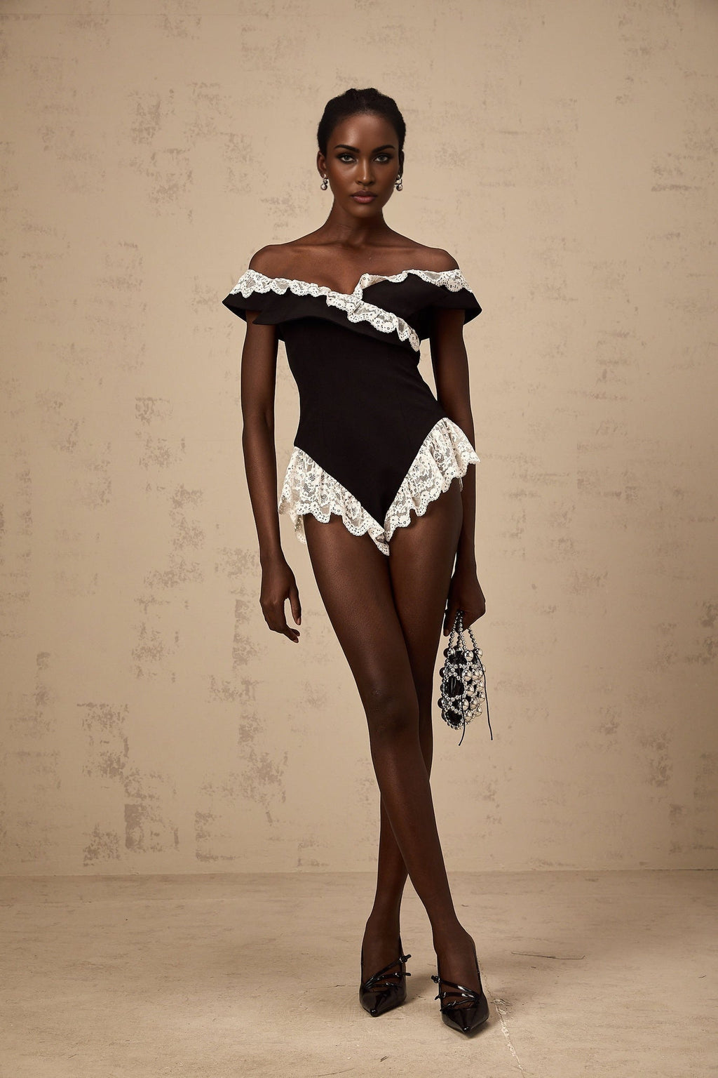 Riley Bodysuit Black & White Lace Trim Off Shoulder Ruffle Zip
